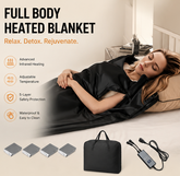 AktivPeak infrared sauna blanket shown in use with heating pads, controller and carry bag