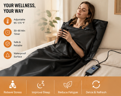 Person relaxing in the infrared sauna blanket with the controller alongside