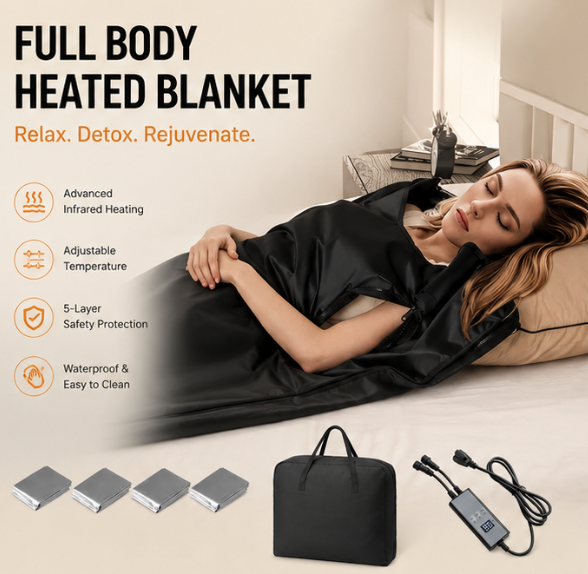 AktivPeak infrared sauna blanket shown in use with heating pads, controller and carry bag