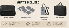 What's included: heated blanket, five sauna pads, handheld controller and carry bag