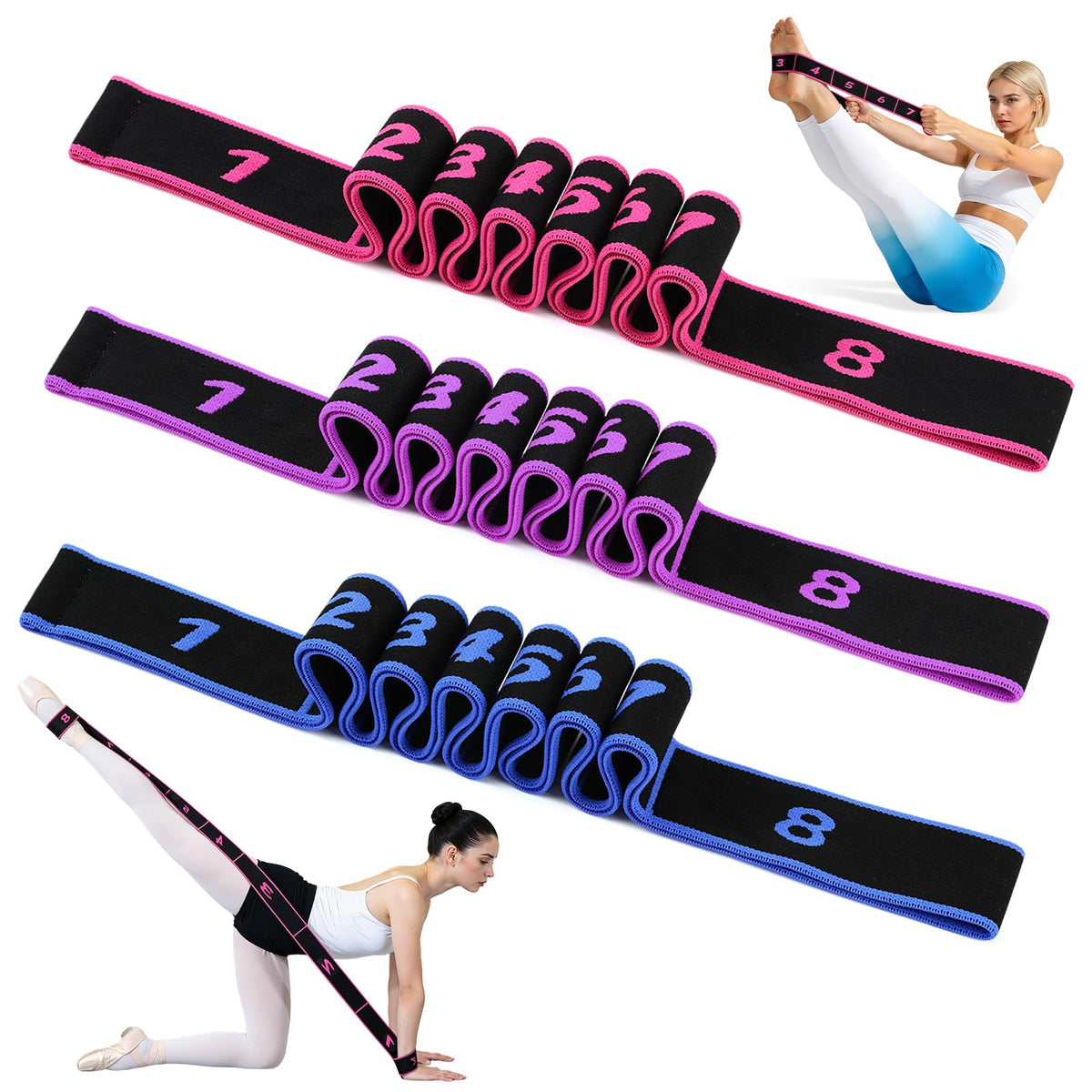 AktivPeak numbered stretch bands, 3-pack in purple, blue and rose red