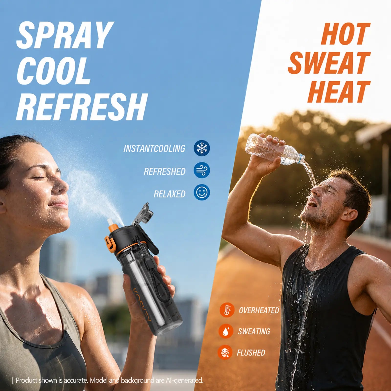 KOS KEY 24 Oz Spray Water Bottle with Straw Bpa-Free Tritan Sports & Travel Water Bottle with Cooling Mist Spray Water Bottle for Running Workouts and Outdoor Sports.