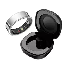 Smart ring with electronic components and a black case on a white background