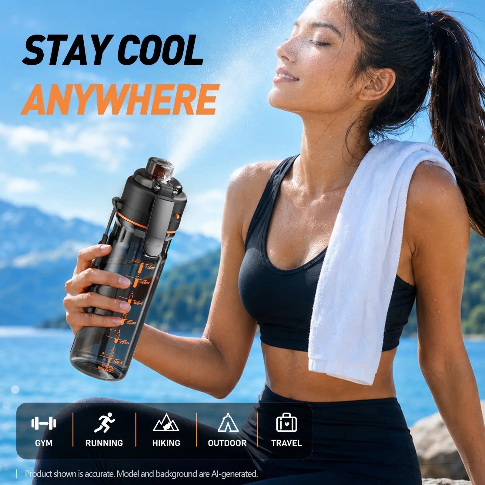 KOS KEY 24 Oz Spray Water Bottle with Straw Bpa-Free Tritan Sports & Travel Water Bottle with Cooling Mist Spray Water Bottle for Running Workouts and Outdoor Sports.