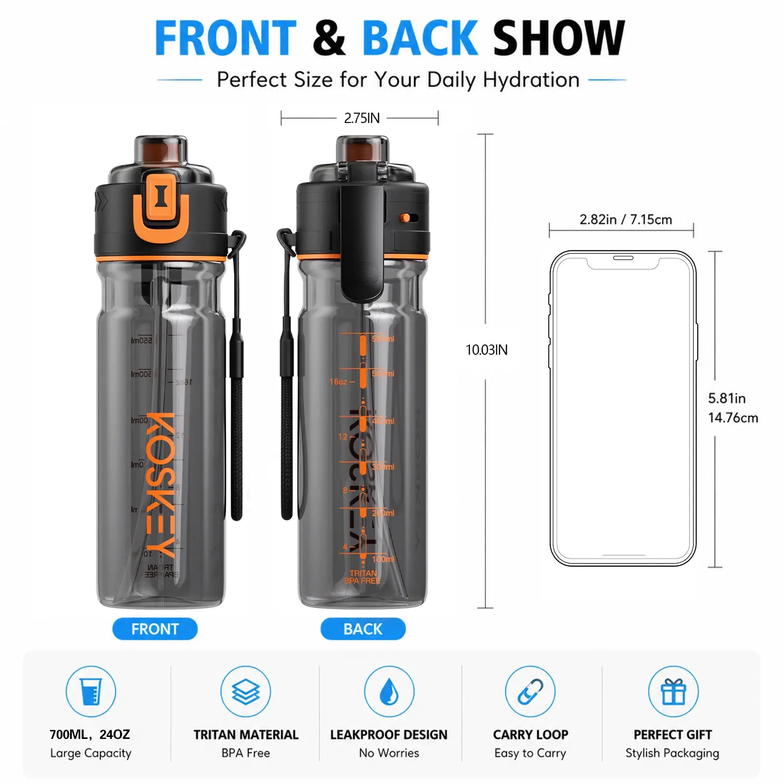 KOS KEY 24 Oz Spray Water Bottle with Straw Bpa-Free Tritan Sports & Travel Water Bottle with Cooling Mist Spray Water Bottle for Running Workouts and Outdoor Sports.